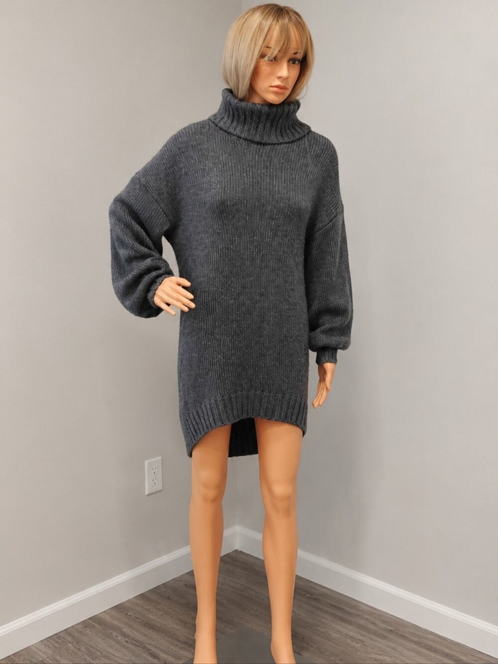 Charcoal Gray Turtleneck Knit Sweater Dress